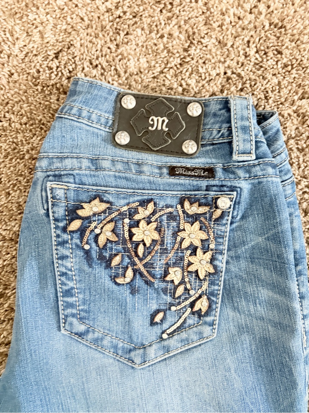 Miss Me Light Blue Embroidered Flower Bootcut Jeans